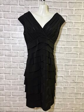 Frank Lyman Black V-Neck Tiered Ruffle Midi Dress, size 10
